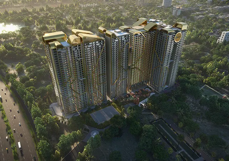 Aerial view of GB Realty towers among greenery (artistic impression, reference)