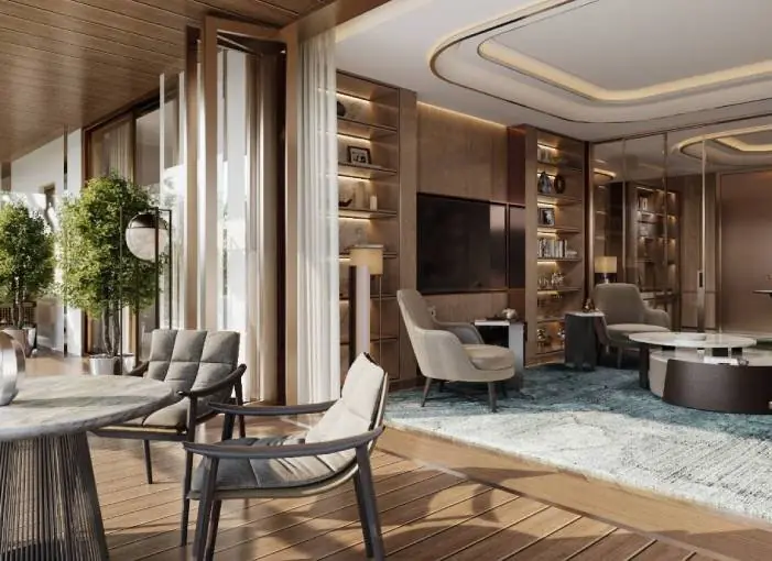 Living room in warm wood and bronze tones (artistic impression)