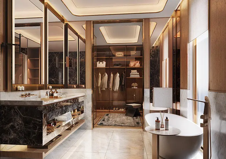 Bathroom and dressing area in marble and bronze (artistic impression, reference)